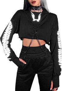 Sudadera Corta con Capucha para Mujer, Negra, de Manga Larga, Estilo Gótico, con Decoración de Cadena, Estampado de Calavera, para Otoño - Product Image 2
