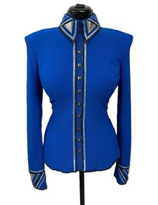 Chemise de spectacle western Cowgirl faite à la main en bleu sur tissu taffetas extensible pour vêtements équestres - Product Image 2