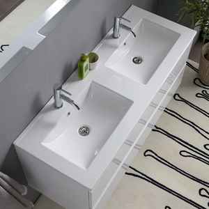 Meuble de salle de bain mural en acrylique blanc brillant de 120 cm, deux pièces, avec tiroirs, double vasque, miroir, lampes Baltimora, ensemble de salle de bain - Product Image 3