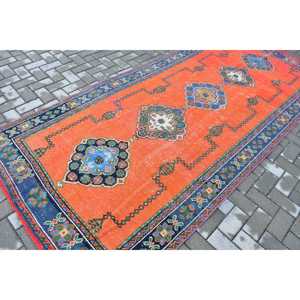 พรมตุรกีโบราณ ขนาด 4.6x10.3 ฟุต พรมลายดอกไม้สีแดงน้ำเงิน - Product Image 2