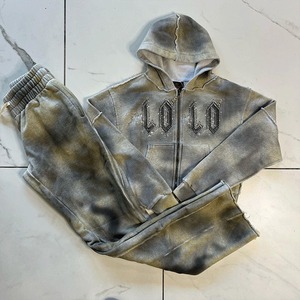 Custom Rhinestone Logo Baggy Unisex Pantalones apilados Pantalones de chándal y Sudadera con capucha Conjunto Flared Chándal Streetwear Sweatsuit para hombres - Product Image 1
