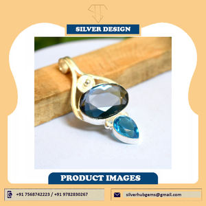 จี้พลอยโทแพซสีฟ้ารูปไข่เงิน925ธรรมชาติสำหรับขายส่ง925เครื่องประดับเงินสเตอร์ลิงจี้หินธรรมชาติ - Product Image 2