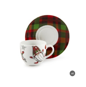 Durable Porcelain Set 6-pcs Round Espresso Coffee Cups with Saucers 9 cl (3 fl oz) Christmas Gnome Design Tartan Gnome Excelsa - Product Image 1
