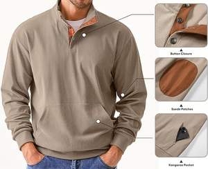 Pull à capuche décontracté en velours côtelé à manches longues pour hommes, col montant avec bouton brodé et poches pour l'automne - Product Image 3