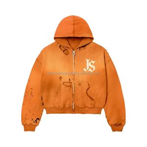 Sudadera con capucha y cremallera de lana pesada de gran tamaño 450 GSM tela desgastada logotipo personalizado bordado cálido chaqueta de invierno sudaderas básicas - Product Image 1