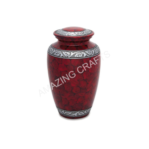 Urne funéraire élégante en métal pour cendres, avec motif de feuilles rouges et argentées, couvercle à vis, urne funéraire pour cendres humaines, fournitures funéraires, pots en aluminium - Product Image 1