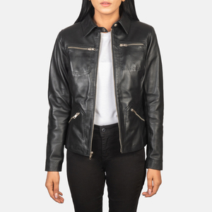Chaqueta de Cuero Genuino Negra para Mujer, Cuello Camisero, Cierre de Cremallera, Bolsillos en el Pecho, Chaqueta de Motera de Piel de Oveja, Prenda Exterior Clásica Informal Personalizada - Product Image 4