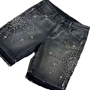 Custom Summer Fashion Breathable Quick Dry <b>Women</b> Acid Wash Rhinestone <b>Shorts</b> Solid Color <b>Knee</b>-<b>Length</b> Streetwear 100% Cotton - Product Image 4