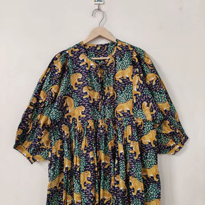 Robe en coton à imprimé léopard |   Robe midi bohème à imprimé à la main |   Vêtements d'été décontractés, robe en coton pour femmes - Product Image 1