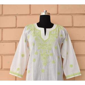 Kurti algodón mujeres bordado mangas largas corto Kurti Kashmiri Top blanco y verde bordado - Product Image 3