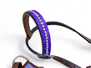Ensemble de serre-tête et de collier de poitrine en cuir de vachette violet: Lavage à l'acide métallique argenté - Product Image 3