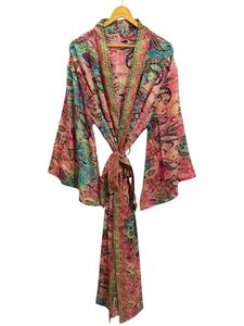 <b>Silk</b> <b>Kimono</b> For Woman's Woman Night Wear Long Robe, Floral Print Indian Vintage Recycled <b>Silk</b> Sari <b>Kimono</b>, - Product Image 2