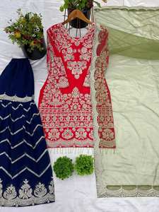 Designer Traditional Ethnic 3-Piece Set Readymade Silk Cotton Sharara Gharara Salwar Kameez Indian Embroidery Work Winter Party - Product Image 4