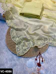 Estilo moderno indio suave Tabby Organza lentejuelas bordadas trabajo con bordado Arco corte borde Sari con blusa Banglory de satén - Product Image 6