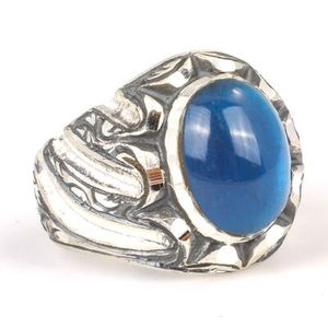 Anillo de Plata de Ley 925 para Hombre, Diseño de Pluma Hecho a Mano con Bisel de Piedra de Ámbar Azul Oscuro Comprimido, Joyería de Regalo - Product Image 2