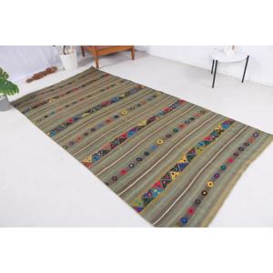 Alfombra de 4.5x8.9 pies, Alfombra Turca Kilim, Alfombra Floral de Lana Verde Vintage - Product Image 1
