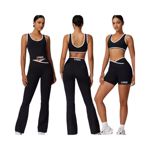 Impression de logo personnalisé solide 2 pièces réversible sans couture femmes Yoga entraînement Gym Fitness pantalon coupe ajustée - Product Image 1