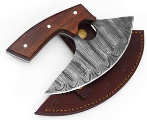 Couteau à pizza Ulu en acier Damas Nordic Forge, manche en bois de rose, étui en cuir, fait main, OEM, professionnel, ambidextre - Product Image 1