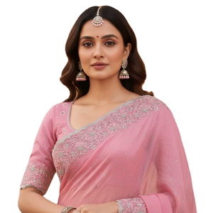 ส่าหรีสีชมพูอ่อนสง่างามแฟนซีมีขอบสีเงิน - Product Image 1