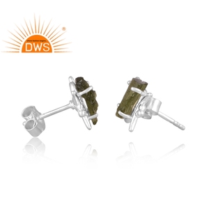 Best Selling Fine Sterling <b>Silver</b> Natural Rough Moldavite Gemstone <b>Stud</b> Earring Custom Jewelry For Women Gift For Her - Product Image 3