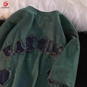 Y2K ropa personalizada 100% algodón de alta calidad de gran tamaño desgastado bordado camisetas traje logo angustia parche ácido lavado camiseta - Product Image 6