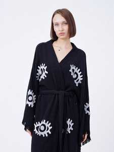 Kimono de manga larga bohemio para la playa, traje de mañana bordado inspirado en el mal de ojo sólido, hasta el suelo, festival étnico hecho a mano - Product Image 4