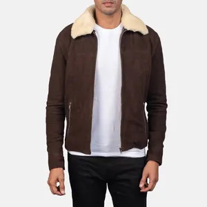 Fur and Sheep Leather dark brown customized Men's long sleeves zip closure Leather Jacket for winters