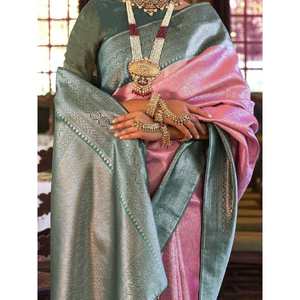 Hermoso Sari de Seda Kanjivaram Tejido con Hilo Rosa para Recepciones de Boda - Product Image 1