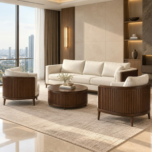 Juego de Sofás de Madera con Estructura Curva de Listones y Mesa de Centro Redonda para Muebles de Salón de Hotel o Resort Moderno - Product Image 4