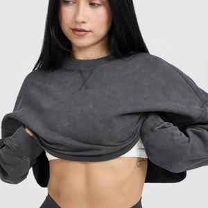 Offre Spéciale acide lavage à manches longues haut tricoté plaine ample col rond sweat Sexy femmes Streetwear recadrée sweats à capuche - Product Image 3