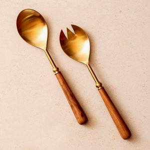 High Quality <b>Gold</b> Plated Spoons Salad Server Set Wooden Handle Serving Spoons Slotted Spoon Salad Server Set - Product Image 1
