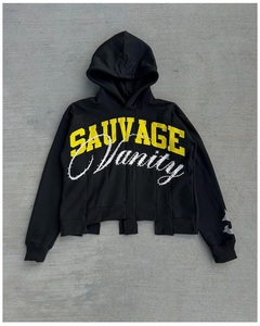 Sweat à capuche délavé à l'acide de haute qualité pour hommes 500 Gsm broderie graphique personnalisée en détresse pour ensembles de sweat-shirts courts à imprimé bouffant - Product Image 1