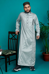 Hijazi Thobe à manches longues en polyester importé pour hommes respirant léger séchage rapide vêtements musulmans traditionnels contrastés - Product Image 4