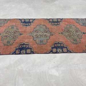 Turkish Vintage Rug, 2.9x9.5 ft Rug, <b>Red</b> Blue Floral <b>Wool</b> Rug - Product Image 4