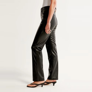 Pantalon en cuir décontracté taille mi-haute entièrement personnalisé et respirant pour femme, avec couleurs et tailles sur mesure, bouton printemps, effet délavé - Product Image 6