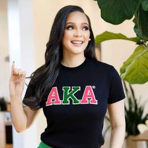 <b>Women's</b> XAKA Graphic T-Shirt Crew Neck Short Sleeve in <b>Black</b> & Gray with Bold Red and Green Letters Greek Wear Sorority T-shirt - Product Image 3