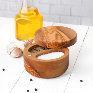 Olive <b>Wood</b> Divided Salt & Pepper Cellar with Magnetic Lid, 2-Compartment Pinch Box, Wholesale - Product Image 3