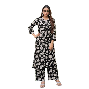 Kurta ensembles pour femmes imprimé floral rayonne col en V manches trois quarts pantalon solide droit avec décoration en dentelle poche unique - Product Image 1