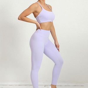 Wholesale Women Yoga Set Mid Waist Leggings Sports Bra Solid 2-Piece Active Fitness Gym Workout Stretchable Athletic - Product Image 4