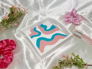 Plateau de service rectangulaire en bois fait main de luxe avec motif cactus rose et carreaux jaunes, plateau décoratif pour la table de la maison - Product Image 5