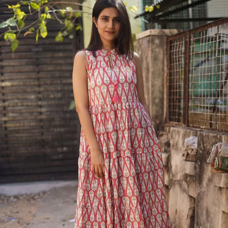 Women's Handblocked Cotton Dress Solid Color Tiered Pattern Handmade Casual  Dresses Plain Dyed Washable Spring Summer Collection