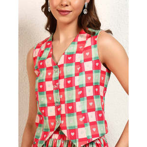 Ensemble coordonné DEEBACO pour femme, imprimé à carreaux et cœurs, veste longue à col en V avec jupe longue jusqu'aux chevilles, tenue de style western - Product Image 2