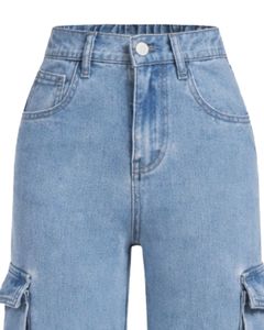 Pantalon cargo en denim bleu clair sur mesure pour femmes, taille haute, multi-poches, jambe large, coupe ample, streetwear, jean décontracté - Product Image 3