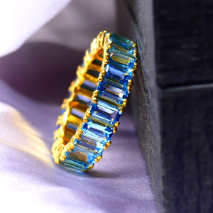 แหวนเต็มนิ้วแฟชั่นประดับอัญมณีบุษราคัมสีเงิน925สีฟ้าแวววาวรูปทรงบาแกตต์สไตล์วินเทจ - Product Image 4