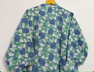 Kimono de algodón hecho a mano con estampado de bloque de rosa azul, ropa de dormir de verano, Hippie estilo bohemio, bata de dama de honor hasta el suelo, cubierta de playa Natural - Product Image 4