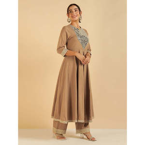 Conjunto de Túnica y Pantalones Palazzo de Manga Tres Cuartos en Crepé de Algodón Puro Color Beige para Mujer, Ropa Fusion - Product Image 5