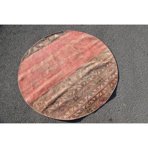 Vintage Turkish <b>Rug</b> 4.4 X 4.4ft Large Area Red Beige Wool Patchwork Design for Hallway <b>Bedroom</b> Rectangular Shape Latex Backing - Product Image 4