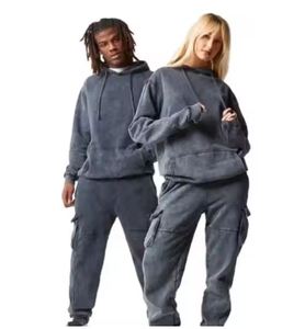 Fabricant de survêtement personnalisé délavé à l'acide survêtement unisexe survêtement hommes femmes lavé à capuche Cargo Joggers 2 pièces ensembles - Product Image 1
