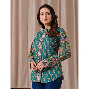 Blusa de Algodón Popelín con Estampado Floral Verde Oscuro y Cuello con Volantes Vintage, Talla Única y Opciones XL para Mujer - Product Image 6