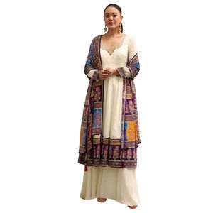 Abito Kurta in crêpe bianco ricamato da donna all'ingrosso abbigliamento etnico OEM fornitore di abiti da cerimonia nuziale personalizzati - Product Image 1